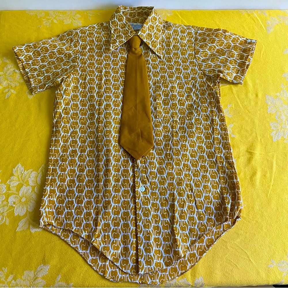 Vintage Kids Boys Elephant Print Button Up w/ Tie Sz 14